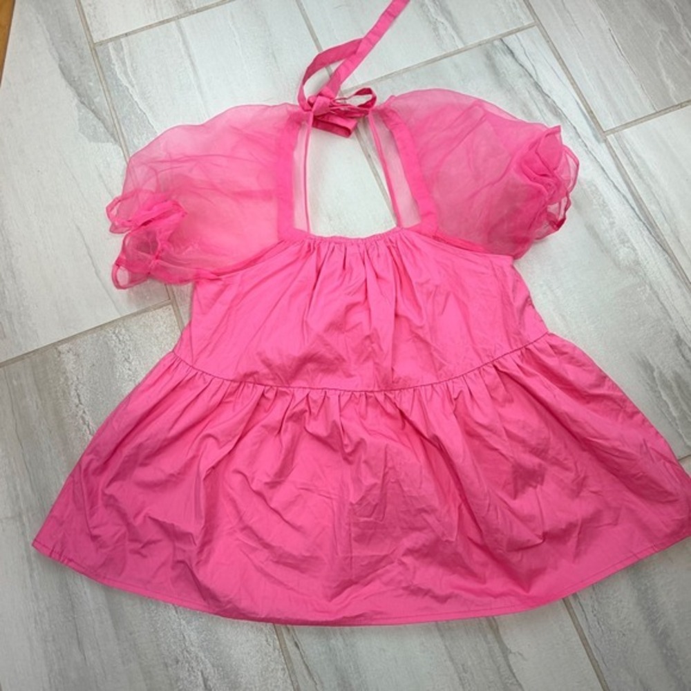 Pomander Place Hot Pink Organza Puff Sleeve Tie-Back Babydoll Top S